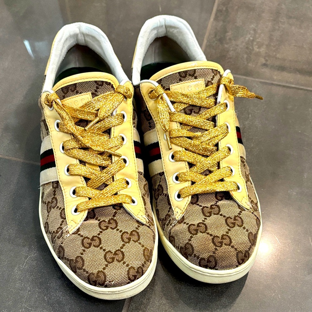 Gucci Beige and Gold Monogram Sneakers